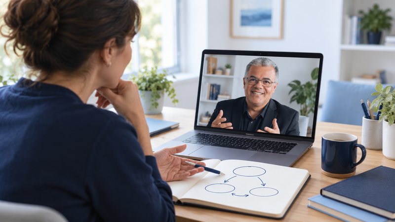 Videollamada: una empresaria habla con Roberto Matera por el portátil, con un esquema en su cuaderno